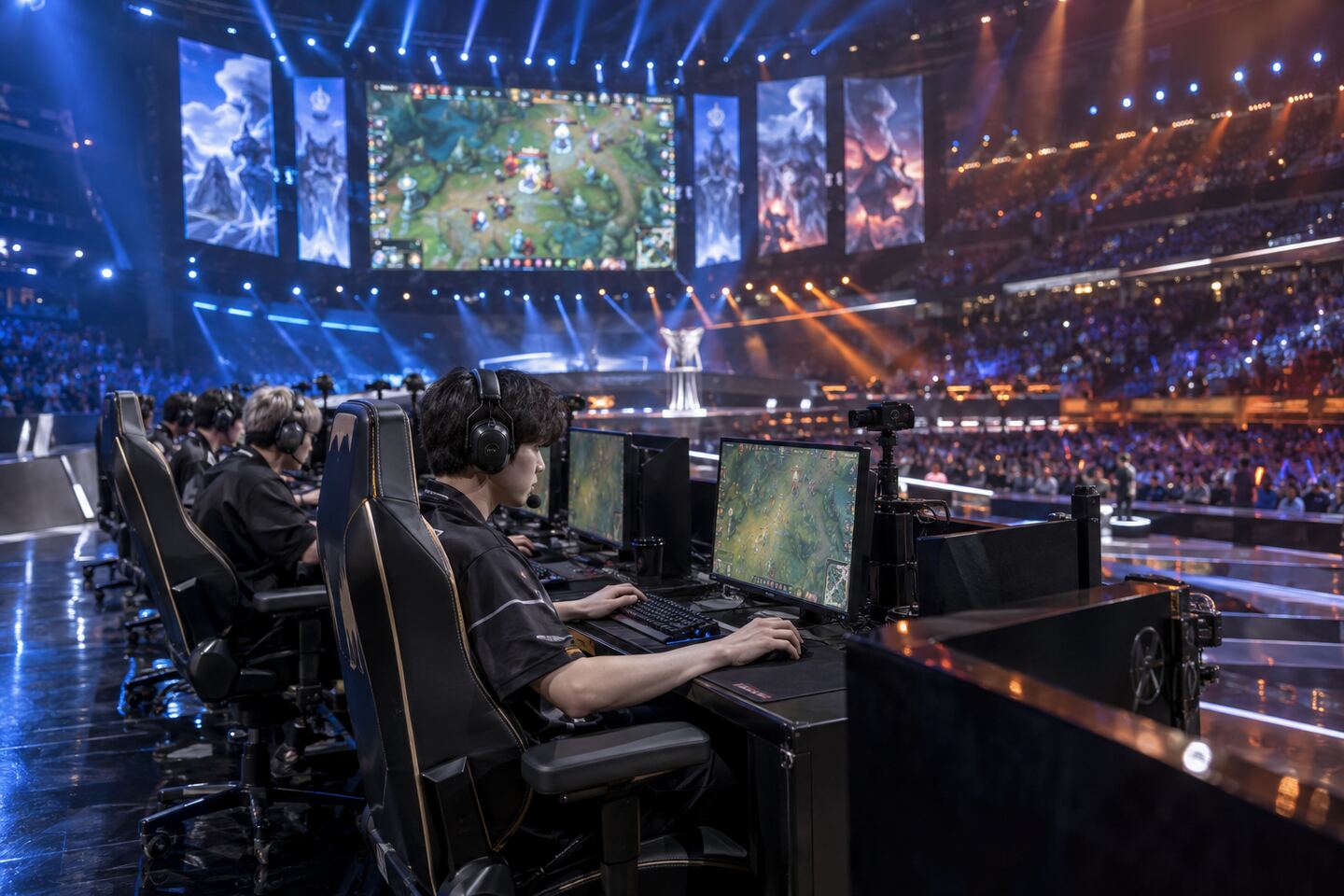 电竞选手在大型赛事舞台进行团队比赛的画面